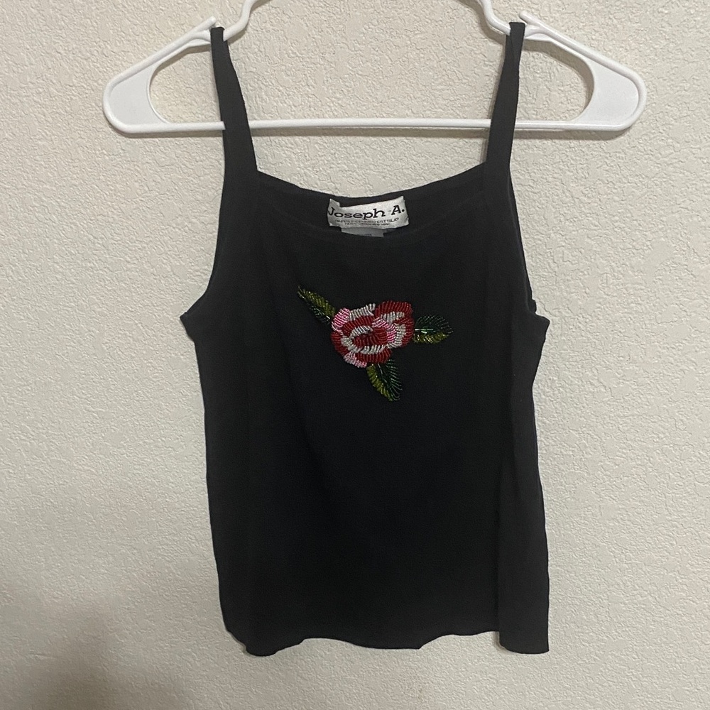 Joseph A 100% Silk Black Camisole with Pink and Green Floral Embroidery